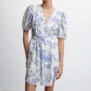 MANGO Belt floral dress, Size M/6, Color Ecru